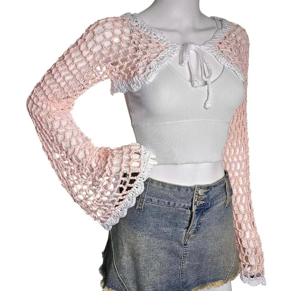 Handmade‎ Crochet Bell Sleeve Front Tie Summer Cardigan, Festival Bohemian Shrug